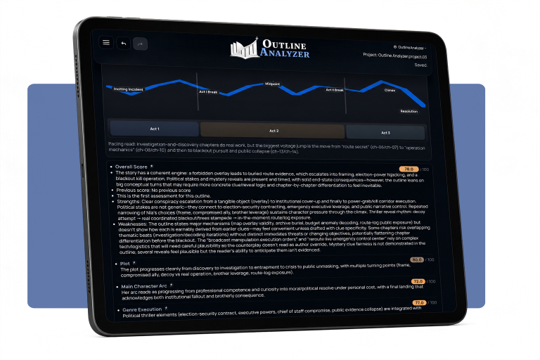 Outline Analyzer displayed on a tablet in a writing workspace.